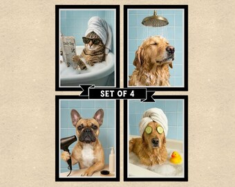 Custom Funny Pet Bath Portraits, Bathroom Wall Decor Set of 4 (Digital Files)