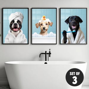 Funny Bathroom Pet Art Set, Custom Dog in Bathtub Print, Digital Pet Portraits for Dog Moms, Digital Art Set of 3