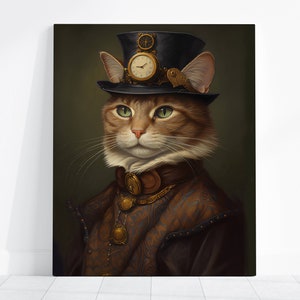 Pu&ograve; includere: Ritratto incorniciato di un gatto in abito steampunk. Il gatto indossa un cappello a cilindro nero con un orologio e un cappotto fantasia marrone e oro. Il gatto ha gli occhi verdi e un'espressione seria. Lo sfondo &egrave; verde scuro.