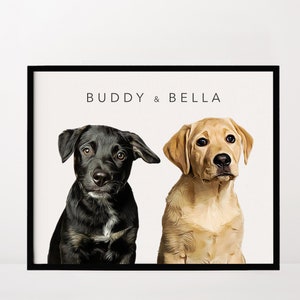 Könnte beinhalten: Ein gerahmter Druck mit einem schwarzen Labrador Retriever und einem goldenen Labrador Retriever, mit dem Text "BUDDY & BELLA" oben.