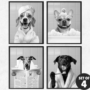 Custom Pet Bath Art, Greyscale Dog Portrait Set of 4 (Digital Files)