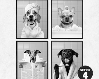 Custom Pet Bath Art, Greyscale Dog Portrait Set of 4 (Digital Files)