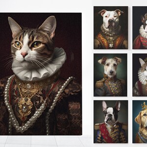 Pu&ograve; includere: Una collezione di ritratti di animali domestici regali. Le immagini presentano un gatto e diversi cani, ognuno adornato con elaborati abiti storici, tra cui colletti arruffati, collane di perle e giacche in stile militare. I ritratti sono ambientati su sfondi scuri e strutturati.