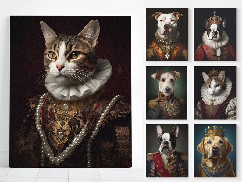 Pu&ograve; includere: Una collezione di ritratti di animali domestici regali. Le immagini presentano un gatto e diversi cani, ognuno adornato con elaborati abiti storici, tra cui colletti arruffati, collane di perle e giacche in stile militare. I ritratti sono ambientati su sfondi scuri e strutturati.