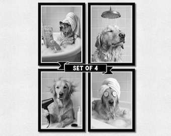 Custom Pet Bathroom Funny Portrait Set of 4, Black and White (Digital Files)
