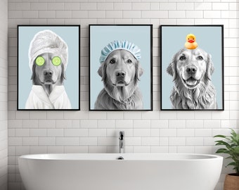 Set di 3 ritratti personalizzati per il bagno degli animali domestici, divertenti illustrazioni di cani, file digitali personalizzati