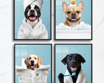 Stampe artistiche personalizzate per il bagno degli animali domestici, divertenti ritratti di cani (download digitale)
