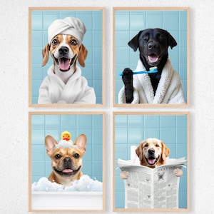 Personalized Dog Bath Art Prints, Set of 4, Funny Pet Portraits (Digital Gift)