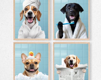 Stampe artistiche personalizzate per il bagno del cane, set da 4, divertenti ritratti di animali domestici (regalo digitale)