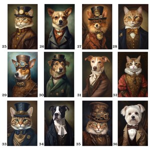 Pu&ograve; includere: Una collezione di ritratti con vari gatti e cani vestiti con abiti di ispirazione steampunk. Ogni animale &egrave; raffigurato con abiti formali, tra cui giacche, gilet e cappelli con intricati dettagli di orologeria. I ritratti hanno uno stile vintage e artistico.