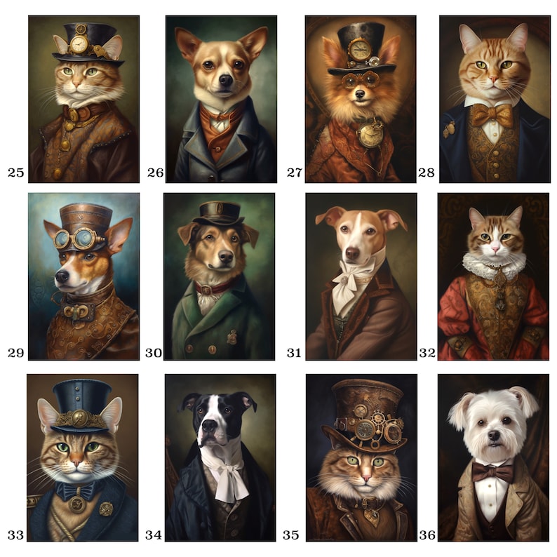 Pu&ograve; includere: Una collezione di ritratti con vari gatti e cani vestiti con abiti di ispirazione steampunk. Ogni animale &egrave; raffigurato con abiti formali, tra cui giacche, gilet e cappelli con intricati dettagli di orologeria. I ritratti hanno uno stile vintage e artistico.