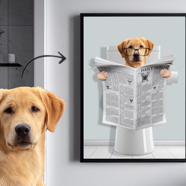 Portrait d’animal de compagnie personnalisé Le chien lit l’art du journal, le portrait numérique d’un animal de compagnie, l’art drôle de salle de bain, l’illustration de cadeau de chien imprimé pour animaux de compagnie dans les toilettes