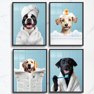 Personalized Pet Bath Portraits, Set of 4 Prints, Funny Dog Bathroom Art, Digital Pet Gift