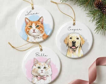 Personalized Pet Portrait Ceramic Ornament, Striped Dog & Cat Memorial Remembrance Gift