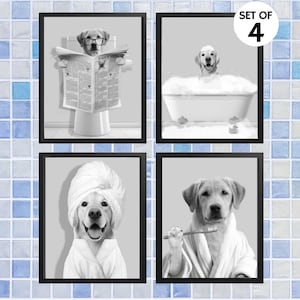 Custom Pet Portraits Set of 4 Greyscale, Pet in Bathtub, Funny Bathroom Art Print, Personalized Pet Dog Mom Gift Illustration, Digital Files