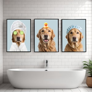 Custom Pet Portraits Set of 3, Funny Bathroom Art Print, Dog Wall Art, Personalized Pet Dog Mom Gift Illustration, Digital Files