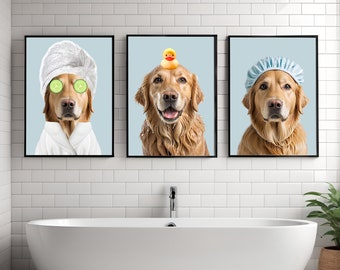 Set di ritratti di animali domestici personalizzati, divertenti stampe artistiche per il bagno dei cani (file digitali)