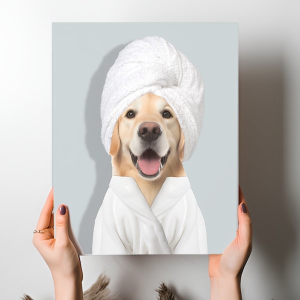 Custom Pet Portrait Dog Bathrobe, Funny Animal Canvas, Personalized Art Pet Gift, Animal in Bathtub, Funny Bathroom Wall Art, Dog Cat Mom