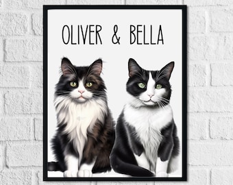 Custom Cat Portrait, Two Cats Painting, Cat Memorial Art (Digital Print)