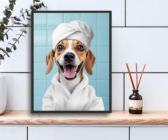 Custom Dog Bath Portrait Wearing Robe Towel, Animal in Bathtub
