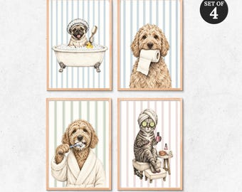 Custom Pet in Bathtub Portrait Set of 4, Funny Dog Bathroom Art Memorial Gift (Digital Files)