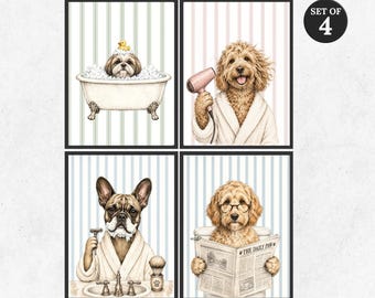 Custom Bathroom Pet Portrait Set of 4, Funny Dog Cat Bathtub Art (Digital Files)
