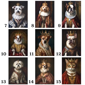 Pu&ograve; includere: Una collezione di ritratti regali con vari animali domestici, tra cui cani e un gatto, adornati con corone e abiti reali. Ogni animale &egrave; raffigurato in uno stile di pittura classico, che mette in risalto le loro caratteristiche ed espressioni uniche.
