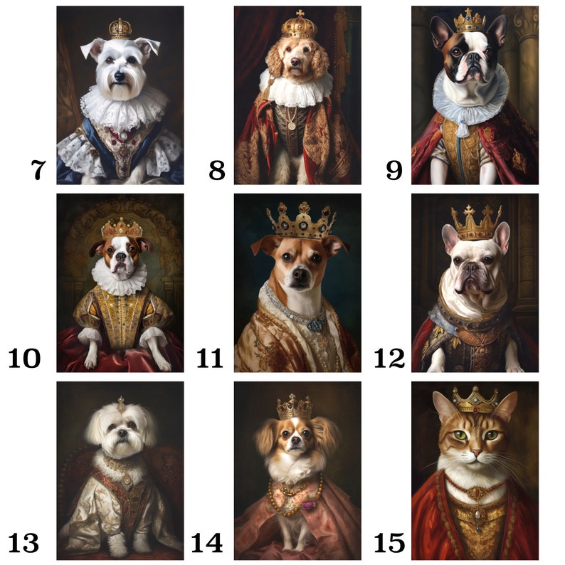 Pu&ograve; includere: Una collezione di ritratti regali con vari animali domestici, tra cui cani e un gatto, adornati con corone e abiti reali. Ogni animale &egrave; raffigurato in uno stile di pittura classico, che mette in risalto le loro caratteristiche ed espressioni uniche.
