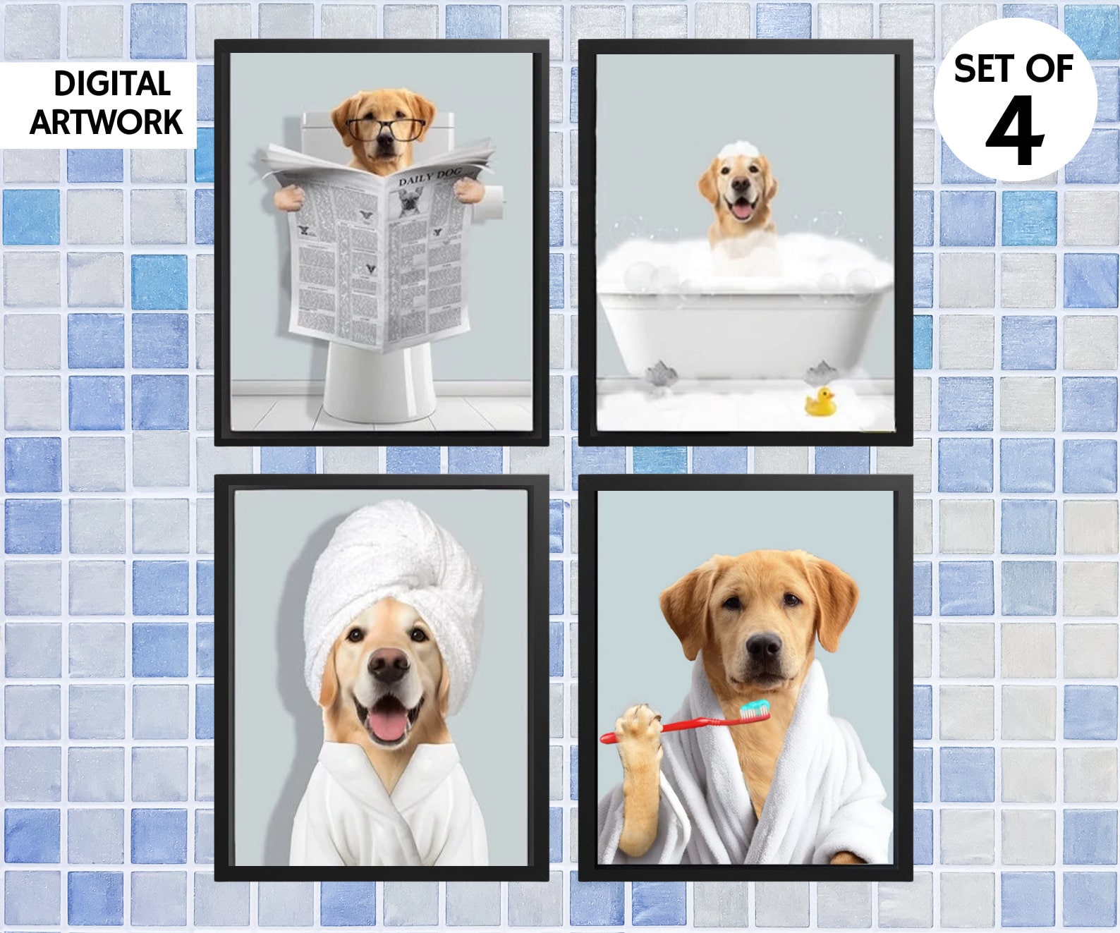 Custom Pet Portraits Set of 4, Pet in Bathtub, Funny Bathroom Art Print, Personalized Pet Dog Mom Gift Illustration, Digital Files