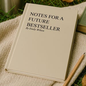 May include: A hardcover book titled "NOTES FOR A FUTURE BESTSELLER" by Emily Wilson rests on a beige woven blanket. A stainless steel tumbler and a wooden pencil are also present, set against a backdrop of green grass.