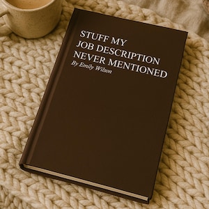 May include: A brown book titled "Stuff My Job Description Never Mentioned" by Emily Wilson rests on a cream-colored knitted blanket. A cup of coffee and a lit candle in a glass jar are also visible.