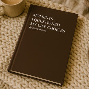 May include: A brown book titled "Moments I Questioned My Life Choices" by Emily Wilson rests on a cream-colored knitted blanket. A mug of coffee and a lit candle in a glass jar are also present, creating a cozy, relaxing scene.