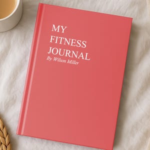 May include: A coral-colored fitness journal with the title "MY FITNESS JOURNAL" and the author's name, Wilson Miller, in white text. A white mug with coffee sits next to the journal. A woven coaster is in the lower left corner.