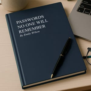 May include: A navy blue notebook with the text "PASSWORDS NO ONE WILL REMEMBER By Emily Wilson" in white. A black pen rests on the notebook, next to a cup of coffee and a laptop.