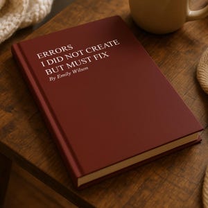 May include: A maroon book with the title "ERRORS I DID NOT CREATE BUT MUST FIX" and the author's name, Emily Wilson, sits on a wooden table. A beige mug of coffee with latte art, a lit candle, and a cozy blanket are also on the table.