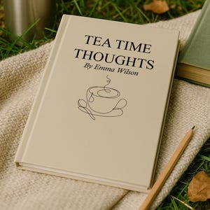 May include: A beige book titled "TEA TIME THOUGHTS By Emma Wilson" with a line drawing of a teacup and saucer. A silver thermos, a green book, and a pencil rest on a beige blanket on a bed of green grass.