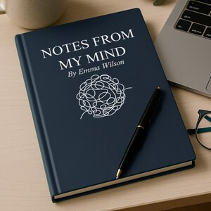 May include: A navy blue hardcover journal with the text "NOTES FROM MY MIND By Emma Wilson" and a white line art design. A black pen rests on the journal, next to a laptop, a cup of coffee, and eyeglasses.