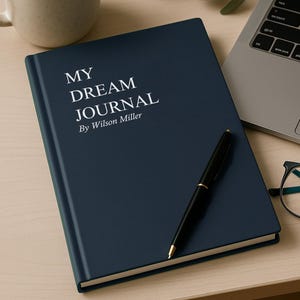 May include: A navy blue journal titled "MY DREAM JOURNAL" by Wilson Miller, with a black pen resting on top. A cup of coffee and a laptop are in the background, suggesting a workspace. The journal is closed and appears to be hardcover.