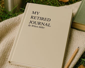 May include: A beige journal with the text "MY RETIRED JOURNAL By Wilson Miller" is open on a beige woven blanket. A pencil and a green book are nearby. A silver tumbler sits in the background on green grass.