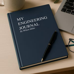 May include: A navy blue journal titled "MY ENGINEERING JOURNAL" with the author's name, Wilson Miller, in white text. A black pen rests on the journal, next to a laptop, a cup of coffee, and eyeglasses.