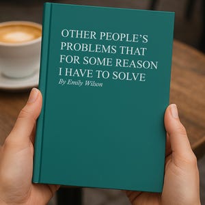 May include: A teal book titled "OTHER PEOPLE'S PROBLEMS THAT FOR SOME REASON I HAVE TO SOLVE" by Emily Wilson. The book is held in front of a blurred background with a cup of coffee.