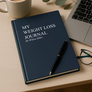 May include: A navy blue journal titled "MY WEIGHT LOSS JOURNAL By Wilson Miller" with a black pen resting on top. A cup of coffee and a laptop are also visible.