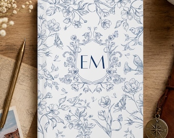 Personalized Monogram Journal Custom Initial Notebook Floral Blue White Journal Gift for Her Elegant Writing Notebook