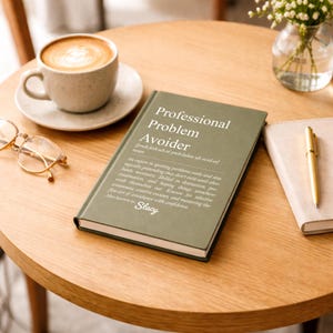 May include: A hardcover book titled "Professional Problem Avoider" in olive green, with text in white. The book is on a wooden table, next to a cup of coffee, glasses, a pen, and a notebook.