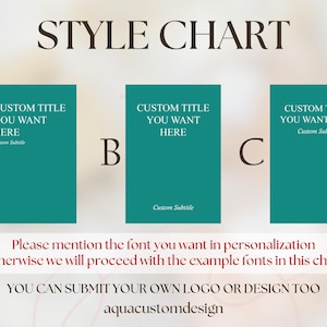 May include: A style chart with three teal rectangles labeled A, B, and C, each with the text "CUSTOM TITLE YOU WANT HERE." The chart includes the text "STYLE CHART" at the top and additional text at the bottom, including "aquacustomdesign."