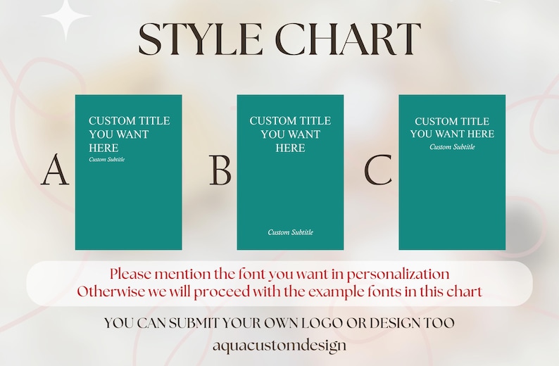May include: A style chart with three teal rectangles labeled A, B, and C, each with the text "CUSTOM TITLE YOU WANT HERE." The chart includes the text "STYLE CHART" at the top and additional text at the bottom, including "aquacustomdesign."