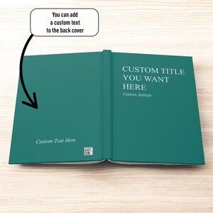 May include: Open teal book with the text "CUSTOM TITLE YOU WANT HERE" and "Custom Subtitle" in white. The back cover has the text "Custom Text Here". A speech bubble indicates that custom text can be added to the back cover.