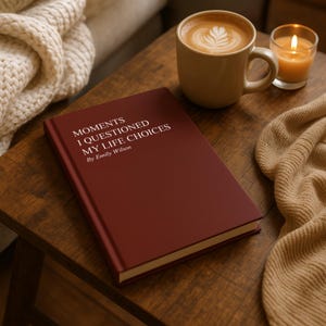 May include: A maroon book titled "Moments I Questioned My Life Choices" by Emily Wilson rests on a wooden table. Beside it is a beige mug of coffee with latte art, and a lit candle in a glass holder. A cozy beige blanket is draped nearby.