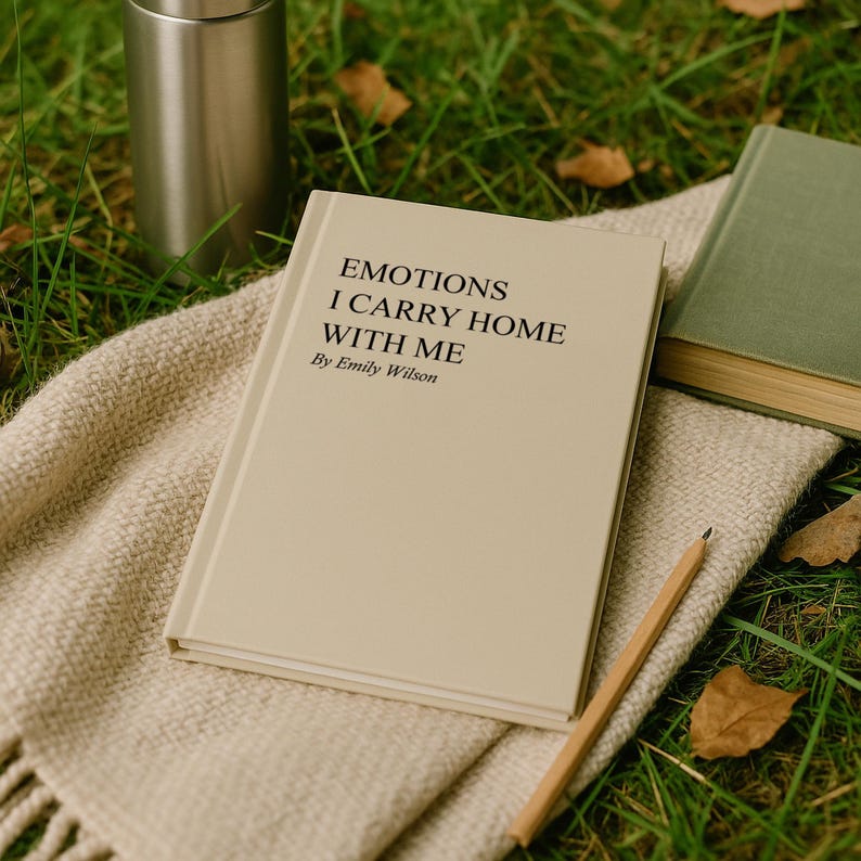 May include: A book titled "EMOTIONS I CARRY HOME WITH ME By Emily Wilson" rests on a beige blanket. A stainless steel tumbler and a green book are nearby. A wooden pencil lies on the blanket, with green grass in the background.