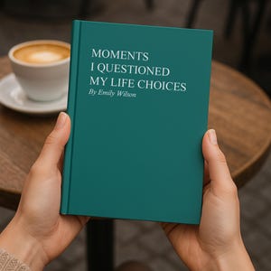 May include: A teal book titled "Moments I Questioned My Life Choices" by Emily Wilson is held in front of a blurred background. A cup of coffee sits on a table in the background. The book's cover is a solid teal color with white text.